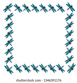 Decorative square pattern of blue-green dragonflies. On a white background.