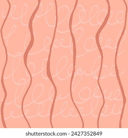 Decorative square pattern with hand drawn stripe shapes. Hand painted grungy ink doodles in white, brown, red, beige colors. Wavy curly lines print.