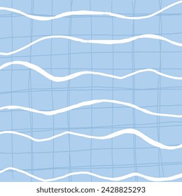 Decorative square pattern with hand drawn stripe shapes. Hand painted grungy ink doodles in blue, white colors. Wavy curly lines print