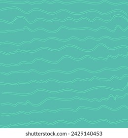 Decorative square pattern with hand drawn stripe shapes. Hand painted grungy ink doodles in green colors. Wavy curly lines print
