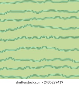 Decorative square pattern with hand drawn stripe shapes. Hand painted grungy ink doodles in green pale colors. Wavy curly lines print