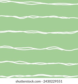 Decorative square pattern with hand drawn stripe shapes. Hand painted grungy ink doodles in white, green colors. Wavy curly lines print