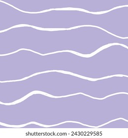 Decorative square pattern with hand drawn stripe shapes. Hand painted grungy ink doodles in white, lilac; purple; violet; lavender colors. Wavy curly lines print