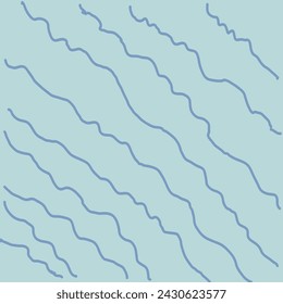 Decorative square pattern with hand drawn stripe shapes. Hand painted grungy ink doodles in blue, grey colors. Wavy curly lines print
