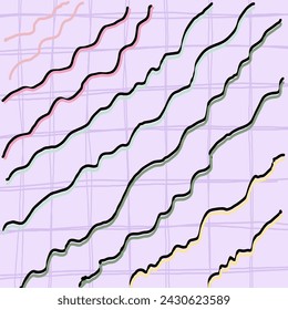 Decorative square pattern with hand drawn stripe shapes. Hand painted grungy ink doodles in lilac, purple, violet, lavender, green, beige, brown, black, pink, yellow colors. Wavy curly lines print