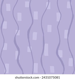 Decorative square pattern with hand drawn stripe shapes. Hand painted grungy ink doodles in lilac, purple, violet, lavender, grey colors. Wavy curly lines print