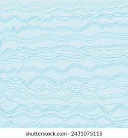 Decorative square pattern with hand drawn stripe shapes. Hand painted grungy ink doodles in blue colors. Wavy curly lines print