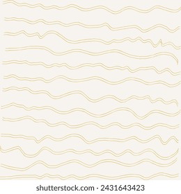 Decorative square pattern with hand drawn stripe shapes. Hand painted grungy ink doodles in white, beige, brown, yellow colors. Wavy curly lines print