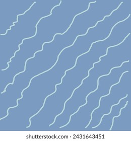 Decorative square pattern with hand drawn stripe shapes. Hand painted grungy ink doodles in blue, grey colors. Wavy curly lines print