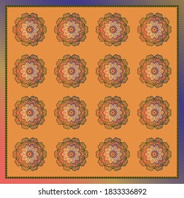 Decorative square pattern with mandala. Colorful flowers pattern can be used for backgrounds, motifs, tile, shawl, handkerchief, scarf, fabrics, tile, templates. Vector.	
