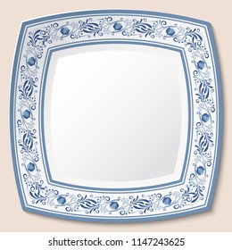 Decorative square plate with a blue floral frame in the style of national porcelain painting. Vector illustration