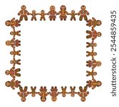 Decorative square shaped border of gingerbread figures holding hands. Frame of gingerbread men, women and children, forming families and groups, expressing friendship, teamwork and a peaceful society.