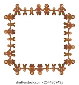 Decorative square shaped border of gingerbread figures holding hands. Frame of gingerbread men, women and children, forming families and groups, expressing friendship, teamwork and a peaceful society.