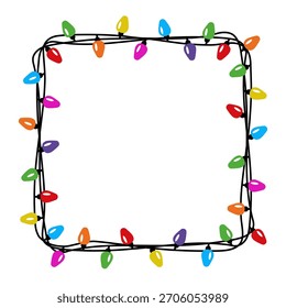 Decorative square shaped frame with Christmas lights with empty space. Vector design of light bulb garland. Winter holiday element for greeting cards, invitations, banners, posters