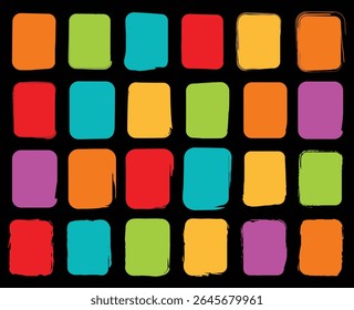 Decorative square shapes featuring rough outlines and painted fills in multicolored and black styles, ideal for sketch art, posters, website design, and abstract compositions.