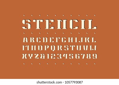 Decorative square stencil-plate serif font. Bold face. Letters and numbers for logo and emblem design