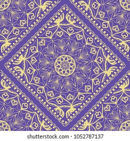 Decorative Square Template for Fabric Print. Azhure floral seamless pattern. Vector illustration. For fabric, bandana, carpet, shawl design.