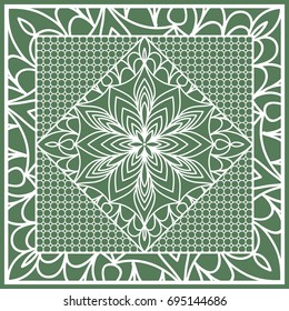 Decorative Square Template for Fabric Print. Azhure floral pattern. Vector illustration. For fabric, bandana, carpet, shawl design. Green color