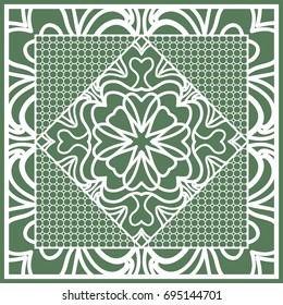 Decorative Square Template for Fabric Print. Azhure floral pattern. Vector illustration. For fabric, bandana, carpet, shawl design. Green color