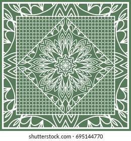 Decorative Square Template for Fabric Print. Azhure floral pattern. Vector illustration. For fabric, bandana, carpet, shawl design. Green color