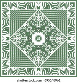 Decorative Square Template for Fabric Print. Azhure floral pattern. Vector illustration. For fabric, bandana, carpet, shawl design. Green color
