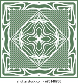 Decorative Square Template for Fabric Print. Azhure floral pattern. Vector illustration. For fabric, bandana, carpet, shawl design. Green color