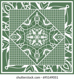 Decorative Square Template for Fabric Print. Azhure floral pattern. Vector illustration. For fabric, bandana, carpet, shawl design. Green color