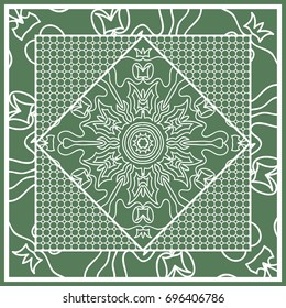 Decorative Square Template for Fabric Print. Azhure floral pattern. Vector illustration. For fabric, bandana, carpet, shawl design. Green color