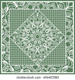 Decorative Square Template for Fabric Print. Azhure floral pattern. Vector illustration. For fabric, bandana, carpet, shawl design. Green color