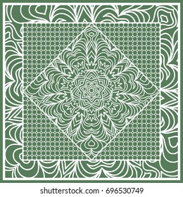 Decorative Square Template for Fabric Print. Azhure floral pattern. Vector illustration. For fabric, bandana, carpet, shawl design. Green color