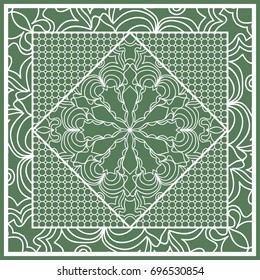 Decorative Square Template for Fabric Print. Azhure floral pattern. Vector illustration. For fabric, bandana, carpet, shawl design. Green color