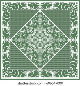 Decorative Square Template for Fabric Print. Azhure floral pattern. Vector illustration. For fabric, bandana, carpet, shawl design. Green color