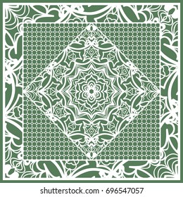 Decorative Square Template for Fabric Print. Azhure floral pattern. Vector illustration. For fabric, bandana, carpet, shawl design. Green color