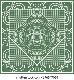 Decorative Square Template for Fabric Print. Azhure floral pattern. Vector illustration. For fabric, bandana, carpet, shawl design. Green color
