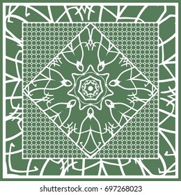 Decorative Square Template for Fabric Print. Azhure floral pattern. Vector illustration. For fabric, bandana, carpet, shawl design. Green color