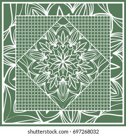 Decorative Square Template for Fabric Print. Azhure floral pattern. Vector illustration. For fabric, bandana, carpet, shawl design. Green color