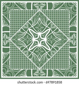 Decorative Square Template for Fabric Print. Azhure floral pattern. Vector illustration. For fabric, bandana, carpet, shawl design. Green color