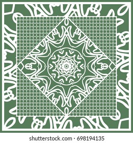 Decorative Square Template for Fabric Print. Azhure floral pattern. Vector illustration. For fabric, bandana, carpet, shawl design. Green color