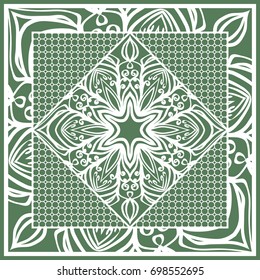 Decorative Square Template for Fabric Print. Azhure floral pattern. Vector illustration. For fabric, bandana, carpet, shawl design. Green color