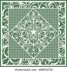 Decorative Square Template for Fabric Print. Azhure floral pattern. Vector illustration. For fabric, bandana, carpet, shawl design. Green color
