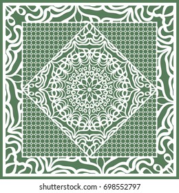 Decorative Square Template for Fabric Print. Azhure floral pattern. Vector illustration. For fabric, bandana, carpet, shawl design. Green color