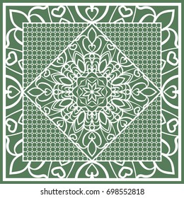 Decorative Square Template for Fabric Print. Azhure floral pattern. Vector illustration. For fabric, bandana, carpet, shawl design. Green color