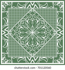 Decorative Square Template for Fabric Print. Azhure floral pattern. Vector illustration. For fabric, bandana, carpet, shawl design. Green color