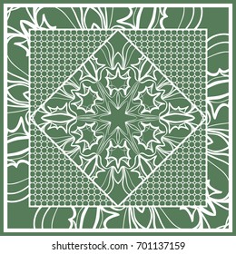 Decorative Square Template for Fabric Print. Azhure floral pattern. Vector illustration. For fabric, bandana, carpet, shawl design. Green color