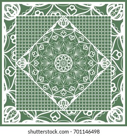 Decorative Square Template for Fabric Print. Azhure floral pattern. Vector illustration. For fabric, bandana, carpet, shawl design. Green color