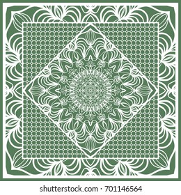 Decorative Square Template for Fabric Print. Azhure floral pattern. Vector illustration. For fabric, bandana, carpet, shawl design. Green color