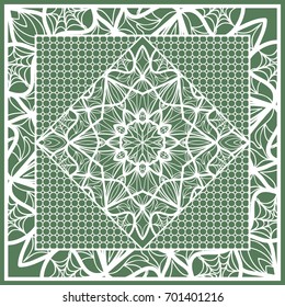 Decorative Square Template for Fabric Print. Azhure floral pattern. Vector illustration. For fabric, bandana, carpet, shawl design. Green color