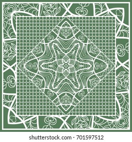 Decorative Square Template for Fabric Print. floral pattern. Vector illustration. For fabric, bandana, carpet, shawl design. Green color