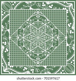 Decorative Square Template for Fabric Print. Floral pattern. Vector illustration. For fabric, bandana, carpet, shawl design. Green color