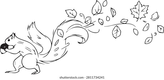 Decorative Squirrel with Flowing Leaf Tail Line Art Vector Illustration